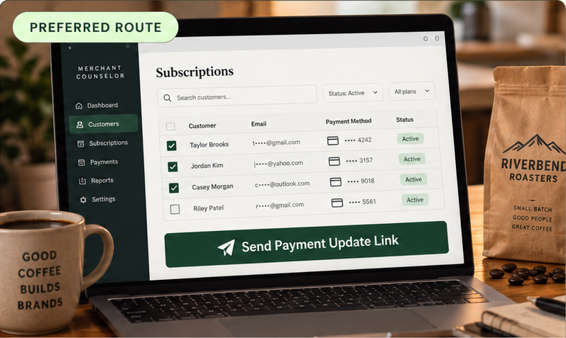 Merchant laptop showing an illustrative subscriptions screen with a Send Payment Update Link button. This example UI is not functional.