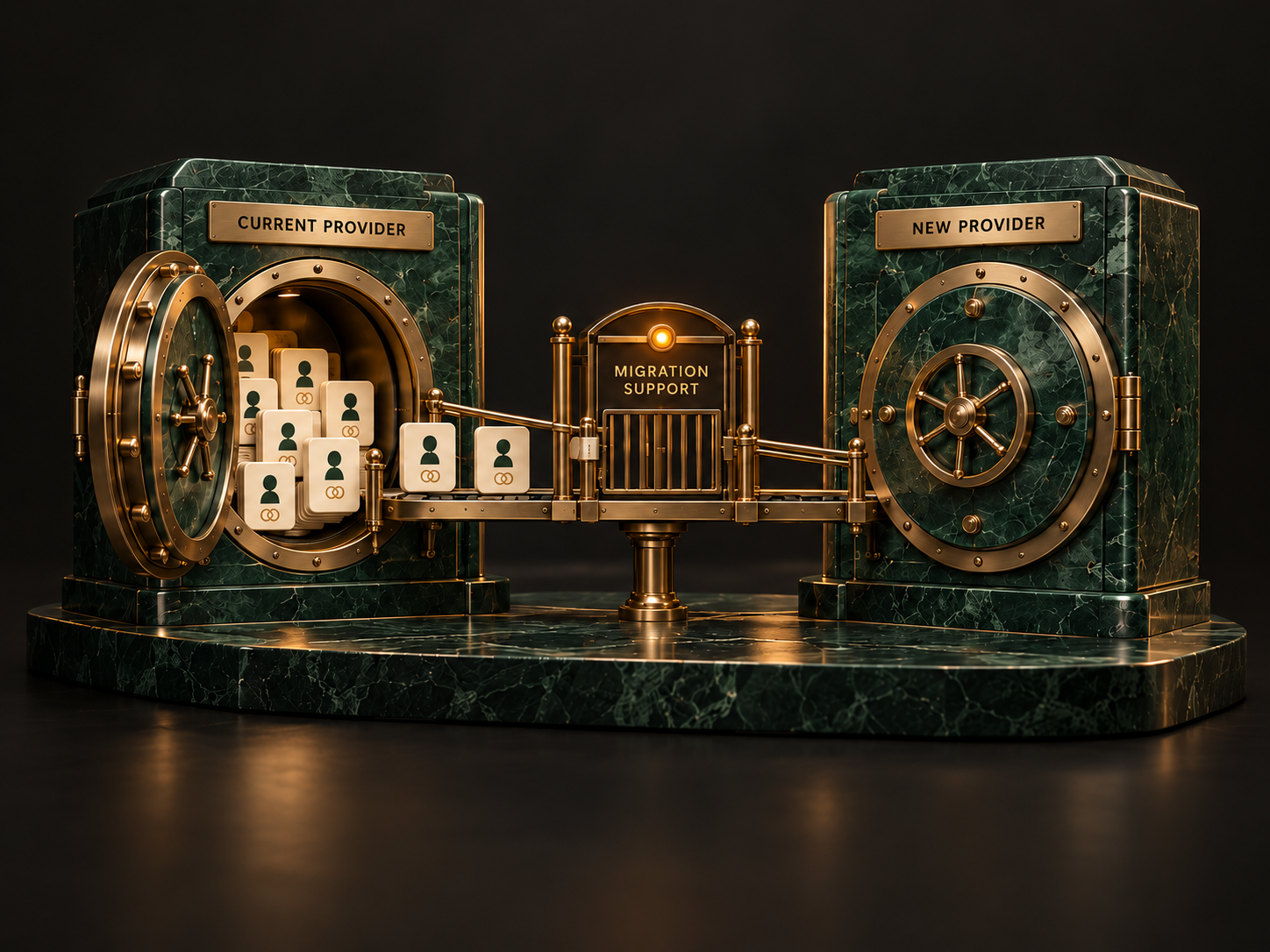 Editorial illustration of a conceptual migration checkpoint: an open vault labeled Current Provider holds stored customer payment cards that travel across a brass bridge labeled Migration Support toward a closed vault labeled New Provider — stored payments do not transfer automatically