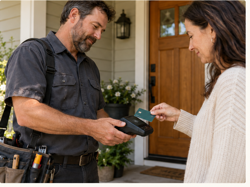A technician holding a wireless terminal while a customer taps her card at a front door.