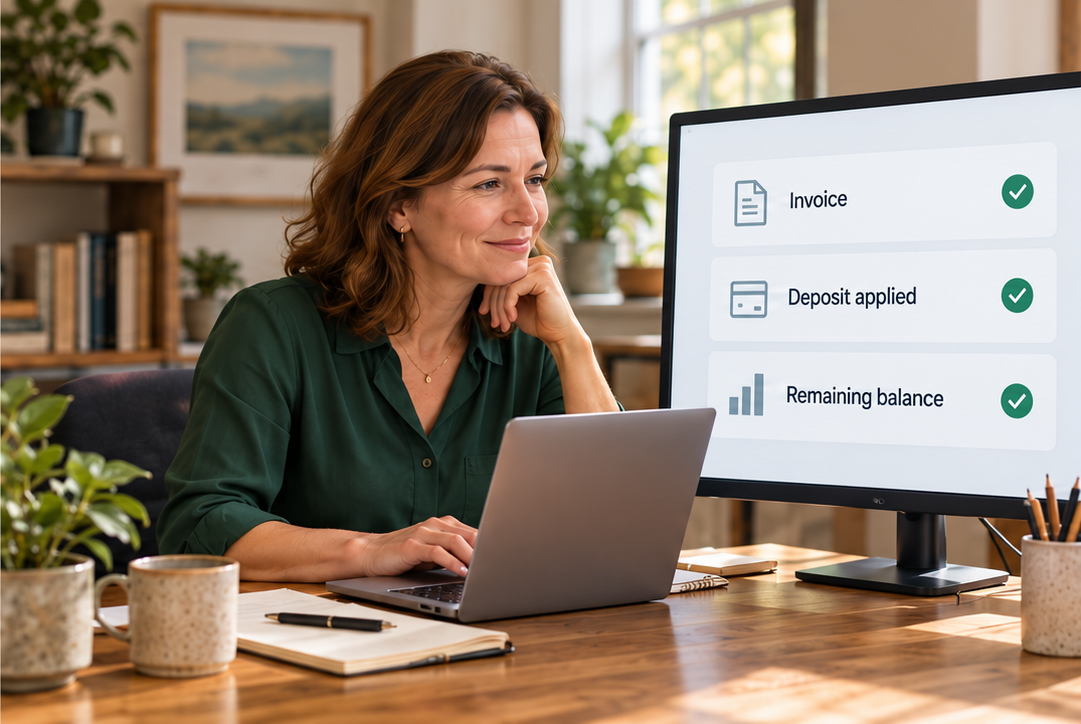 The same professional reviews connected invoice, deposit, and remaining balance records at an orderly desk.