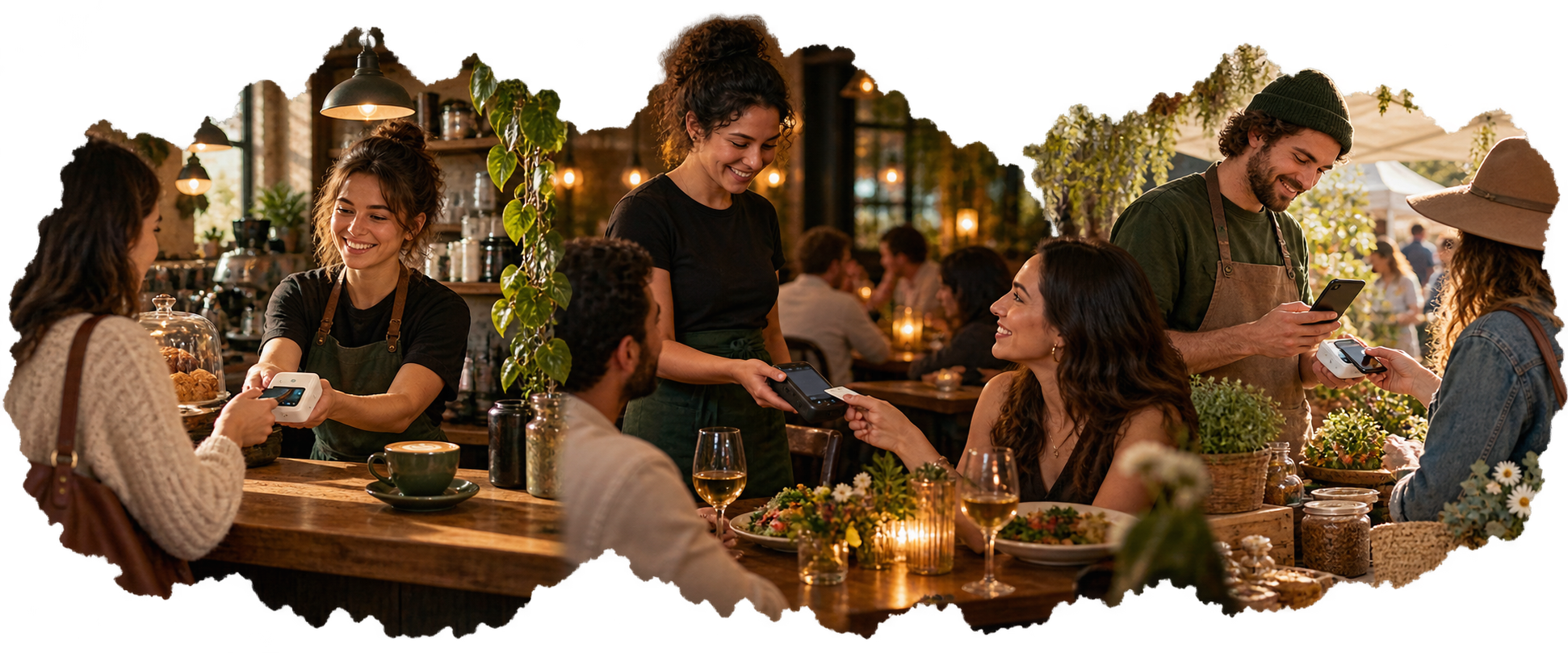 Three real-world payment settings side by side: a barista taking a card payment at a café counter, a server presenting a handheld terminal at a restaurant table, and a market vendor accepting a contactless payment on a phone