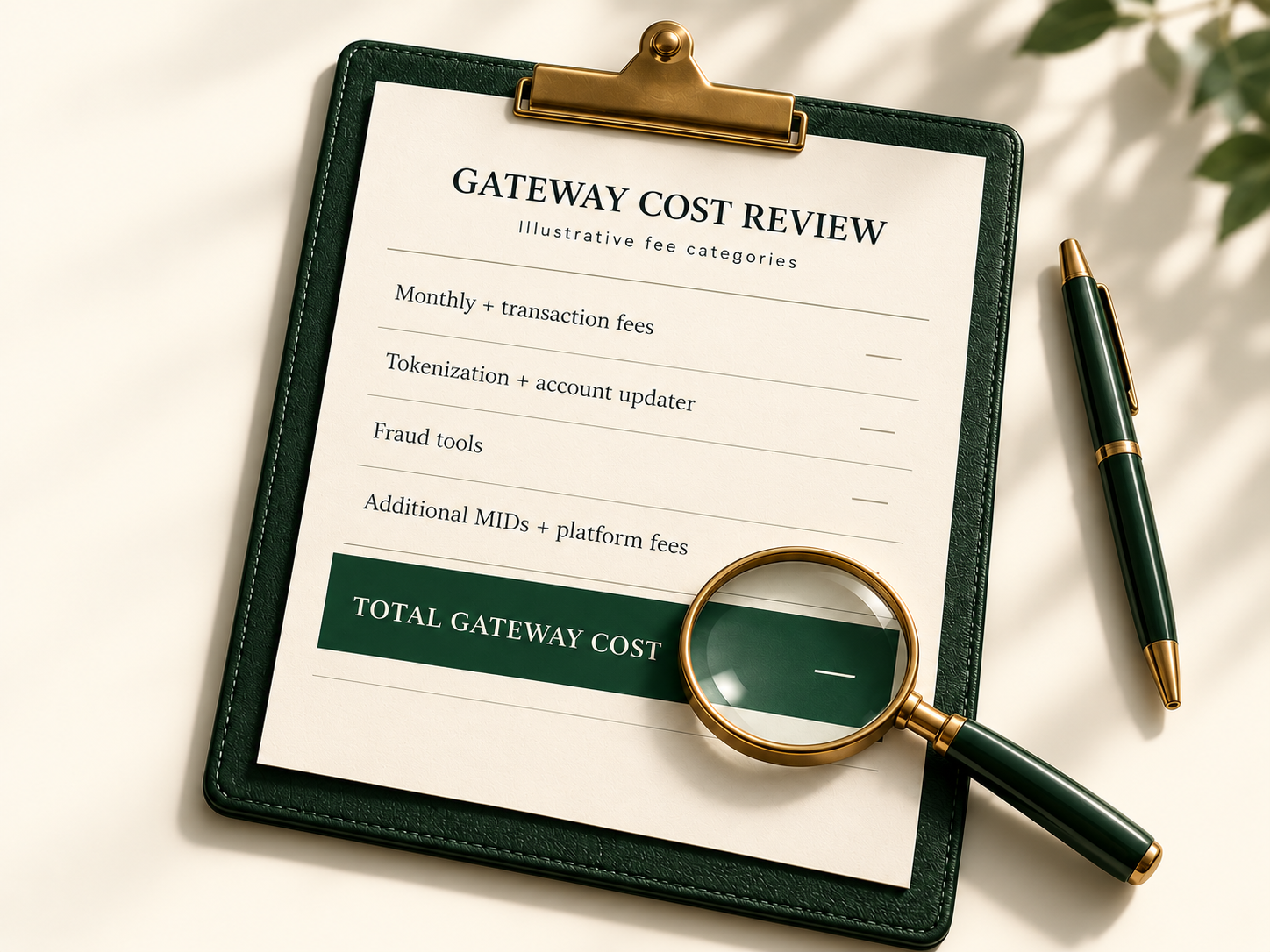 Editorial illustration of an itemized gateway cost review on a dark green leather clipboard: line items for monthly and transaction fees, tokenization and account updater, fraud tools, and additional MIDs and platform fees, above a total gateway cost row with a magnifying glass — the categories show no quoted amounts