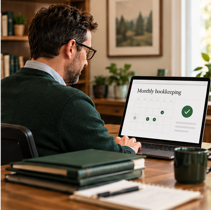 An accountant reviews monthly bookkeeping on a laptop.