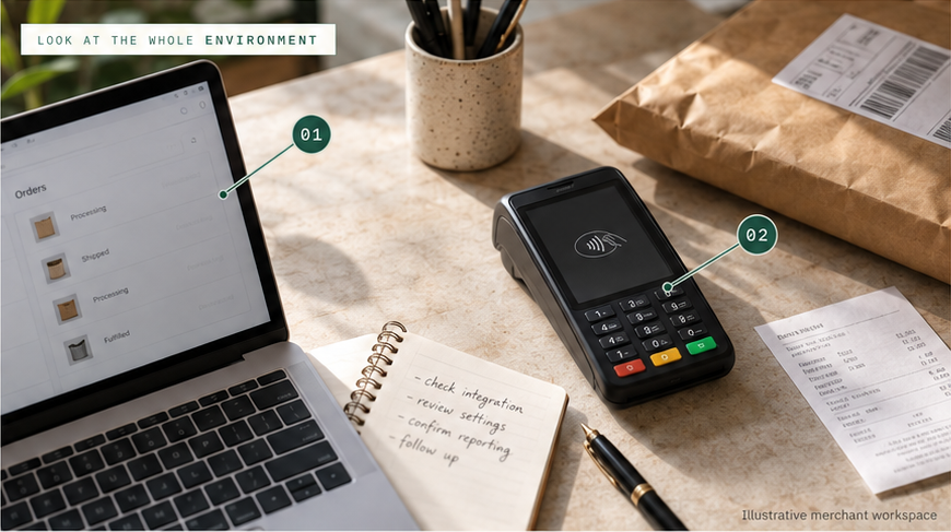 Illustrative merchant workspace with a laptop showing an orders screen marked 01 and a card terminal marked 02, beside a notebook listing check integration, review settings, confirm reporting and follow up.