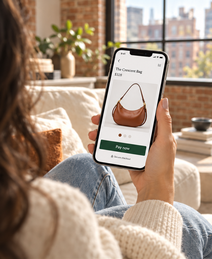 A customer on a couch in an urban loft holds a phone displaying a Crescent Bag checkout with a Pay now button.