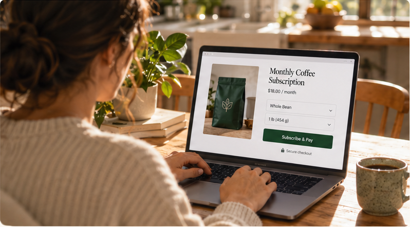 Customer at a kitchen table completing a monthly coffee subscription checkout on a laptop, choosing whole bean, one pound and paying for the first order