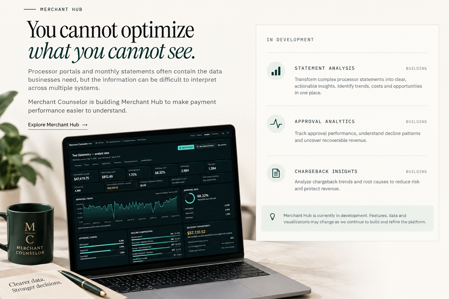 Merchant Hub preview: headline “You cannot optimize what you cannot see.” beside a sample Merchant Hub dashboard showing approval metrics, decline composition and recovery opportunity, with Statement Analysis, Approval Analytics and Chargeback Insights listed as in development.