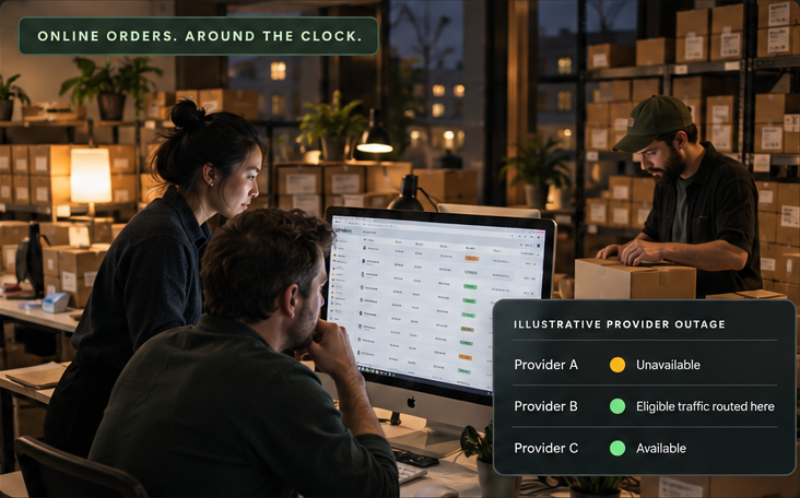 Online orders around the clock: an ecommerce team manages orders in a warehouse, with an illustrative provider outage panel.