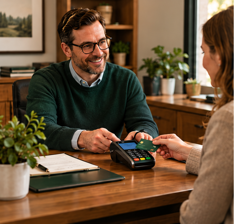 An accountant accepts a client's card payment using a desk terminal.