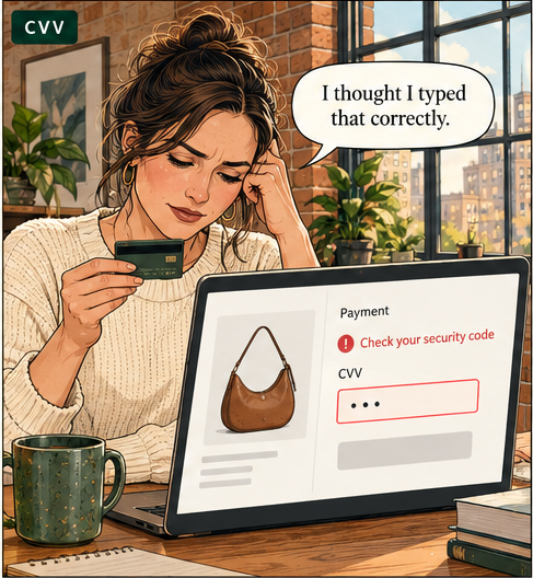CVV checkout scenario: a customer checks her card and says, “I thought I typed that correctly.” Her laptop prompts her to check the security code.