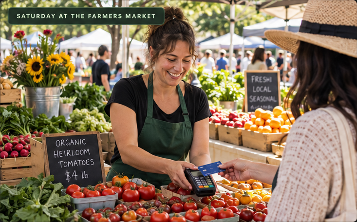 Saturday at the farmers market: a vendor accepts a customer's card payment at a produce stand.