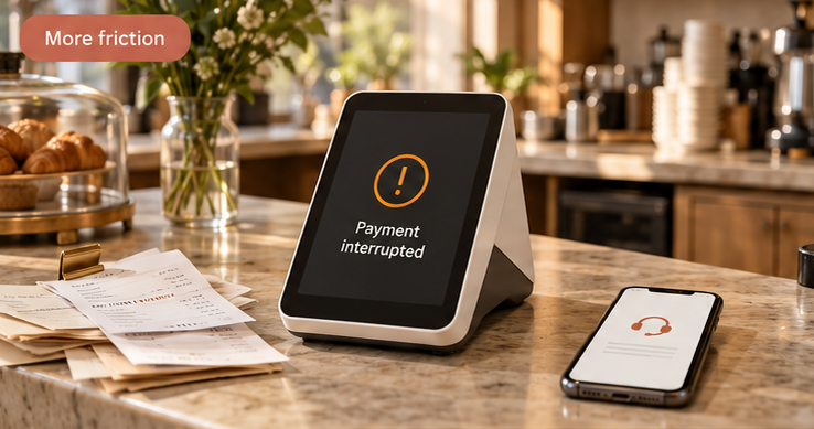 A café counter terminal shows “Payment interrupted” beside a pile of paper receipts and a phone open to a support call — more friction and manual follow-up.
