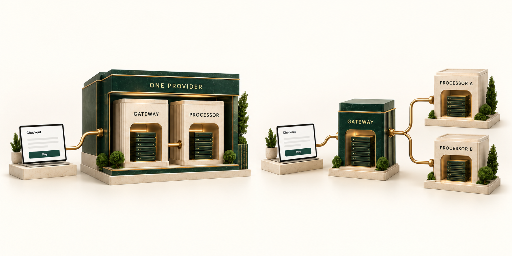 Bundled payment environment: a checkout connects to a single provider building containing both the gateway and processor, illustrated in forest-green marble, cream stone and brass.