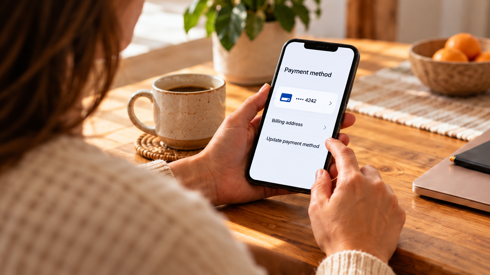 Customer holding a phone showing payment-method settings while updating their card at a kitchen table.
