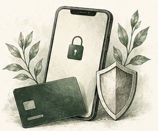 Conceptual ink-and-wash illustration of a smartphone, payment card and shield surrounded by foliage.