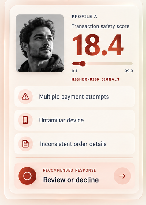 Illustrative Profile A card: transaction safety score 18.4 on a 0.1 to 99.9 scale, higher-risk signals of multiple payment attempts, an unfamiliar device and inconsistent order details; illustrative response: review or decline.