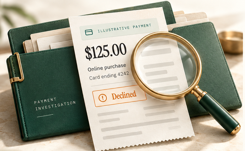 Conceptual case file: a forest-green payment investigation folder holding an illustrative receipt for a declined $125.00 online purchase on a card ending 4242, reviewed with a brass magnifying glass.