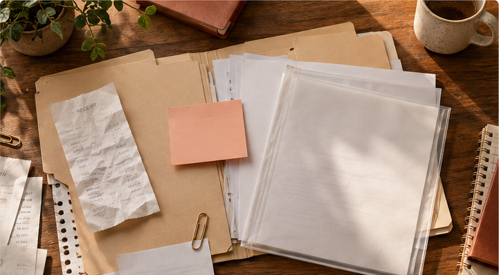 Crumpled receipt and scattered folders with empty document sleeves and a blank note on a desk.
