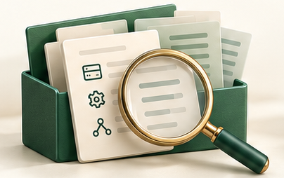 Payment records in a green investigation folder with a magnifying glass reviewing the evidence.
