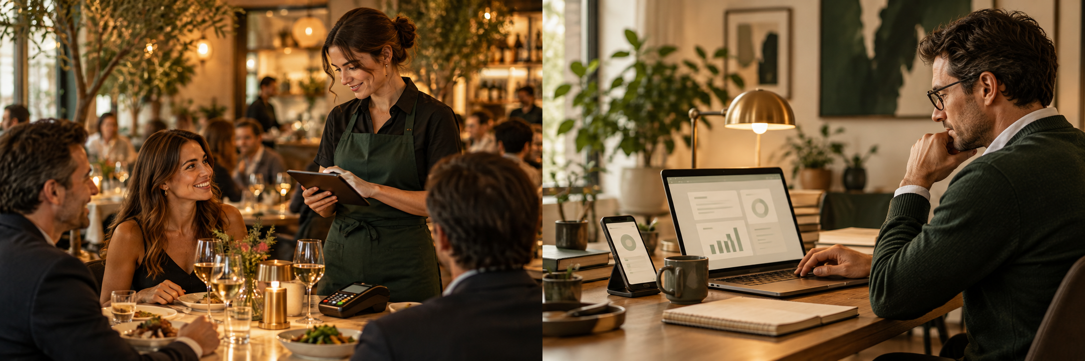A server taking an order beside diners and a payment terminal in a busy restaurant.