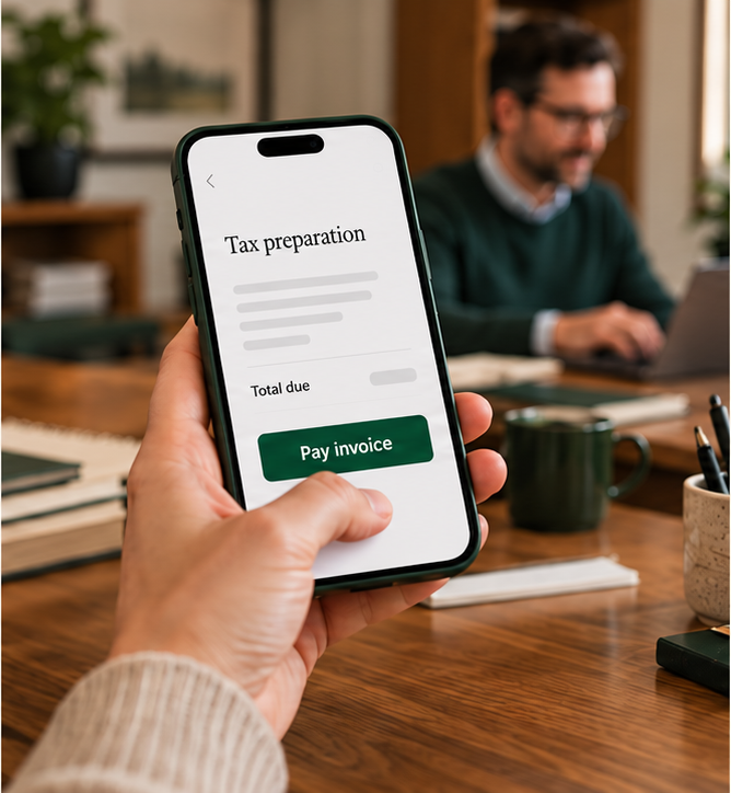 A client pays a tax preparation invoice on their phone.