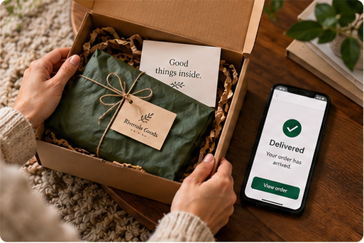 Customer opening a Riverside Goods parcel beside a phone showing a delivered order confirmation.