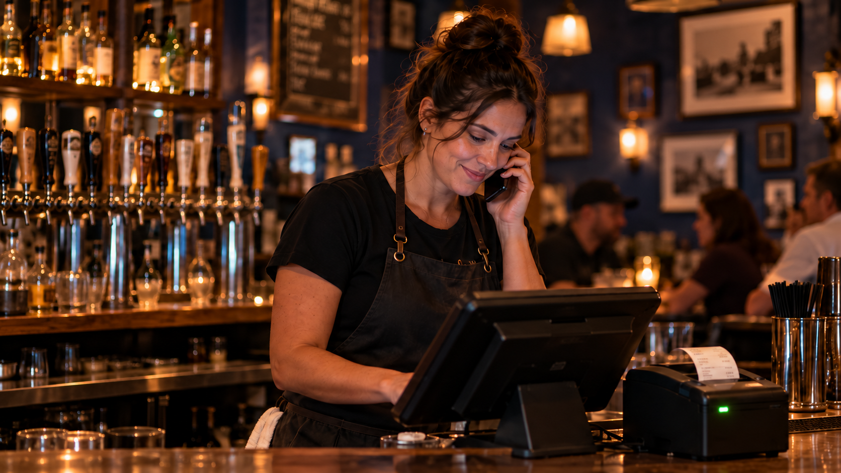 A bartender on the phone for support while working the point-of-sale terminal behind the bar at 49ers Tavern