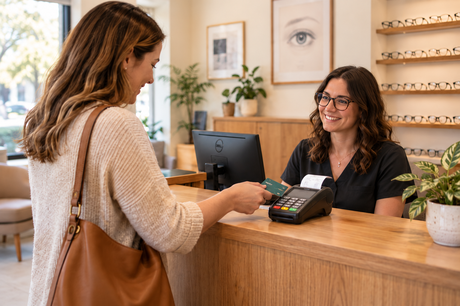 A patient paying with a card on a countertop terminal at an optometry office front desk