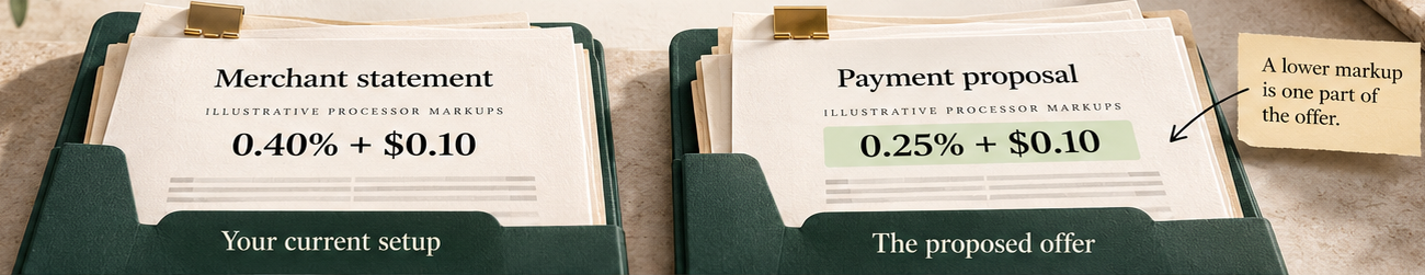Two physical forest-green folders: Merchant statement, Your current setup, with illustrative processor markup 0.40% + $0.10; Payment proposal, The proposed offer, with illustrative processor markup 0.25% + $0.10. A nearby note says: A lower markup is one part of the offer.