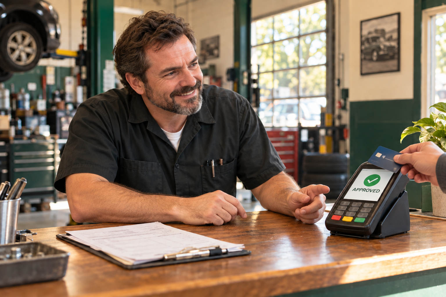 Illustrative auto-shop merchant smiling as a customer completes a card sale on a terminal displaying Approved
