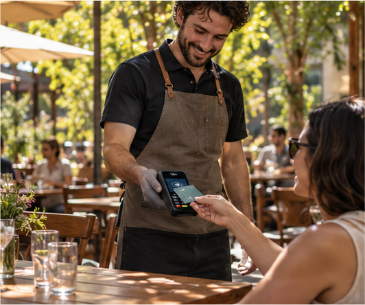A server holding a portable payment terminal to a seated guest's card