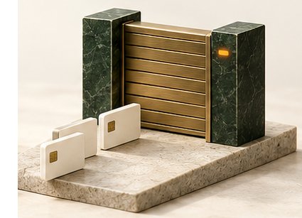 Conceptual closed checkpoint gate on a stone plinth, with card tiles outside and an amber indicator, illustrating strict controls that may block legitimate customers.