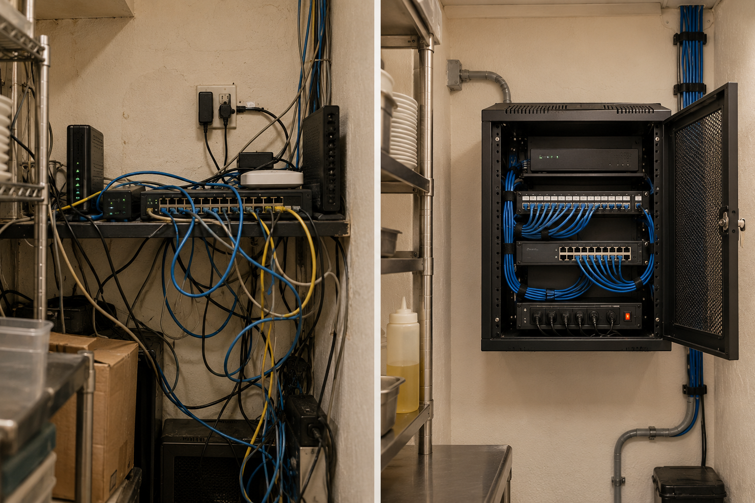 Side-by-side comparison of a tangled shelf of network equipment next to an organized wall-mounted network cabinet with neatly routed cables