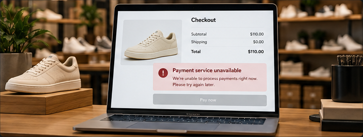 Shoe-store checkout displaying Payment service unavailable and a disabled Pay now button.