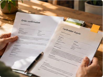 A merchant comparing an order confirmation with a cardholder dispute document.