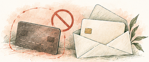 Conceptual ink-and-wash vignette of an old payment card, envelope, new card and coral boundary, suggesting a different approach when the response calls for it.