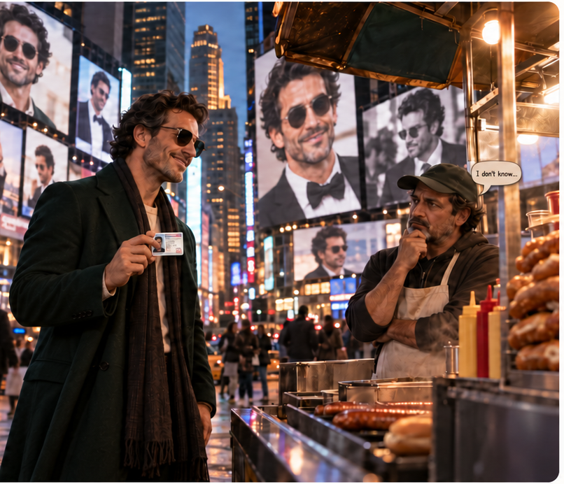 A well-known public figure, whose face fills the billboards around Times Square, smiles while holding up his ID at a hot dog cart as the skeptical vendor says “I don't know…” — a legitimate customer still caught by friction.