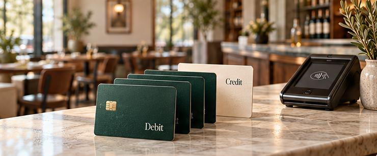Harbor Bistro restaurant counter with a payment terminal and a row of mostly debit cards with one credit card — an illustrative debit-heavy card mix.