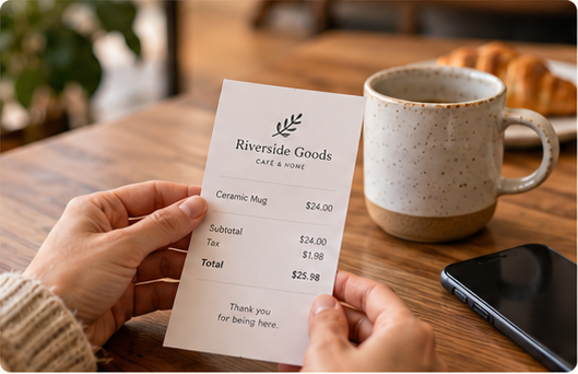 Customer holding an itemized Riverside Goods receipt beside a ceramic mug and phone.
