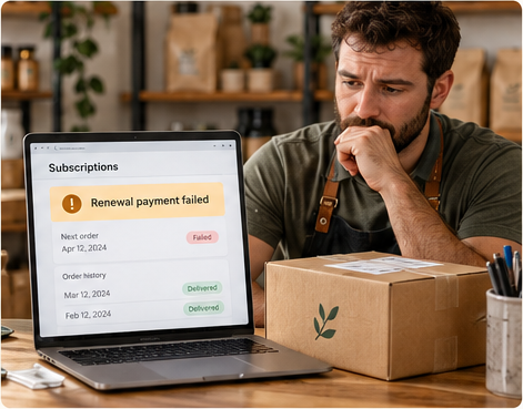 A merchant reviews a subscription dashboard on a laptop showing a renewal payment failed notice, next to a boxed customer order.