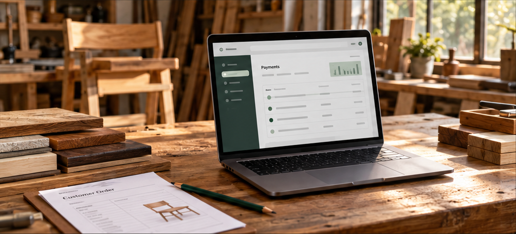 Laptop showing a payments overview on a furniture workshop bench beside a customer order, wood samples and a pencil.