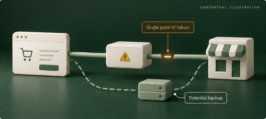 Conceptual outage illustration: checkout and a storefront connected through an interrupted provider connection, with a dotted potential backup path below.