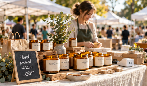 Illustrative candle market stand: a merchant behind a table of hand-poured candles, paper bags and a small payment terminal beneath outdoor market canopies.