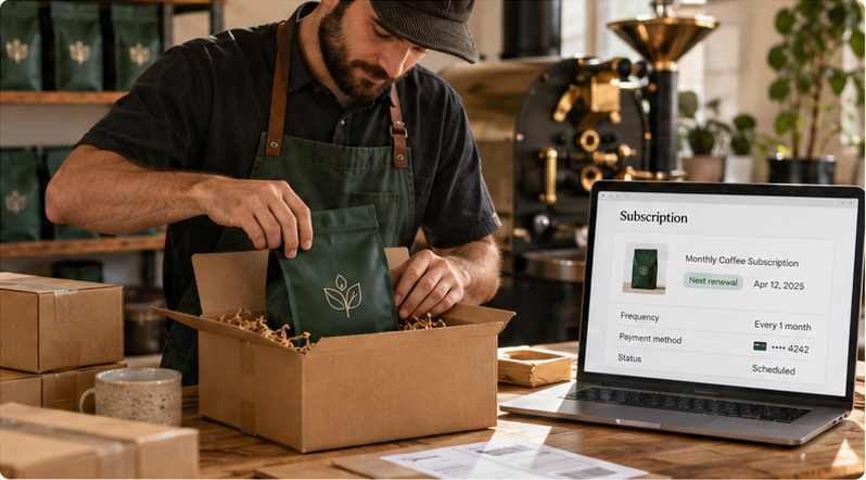 Merchant packing a coffee subscription order into a shipping box beside a laptop showing the subscription's next renewal date, monthly frequency and stored card