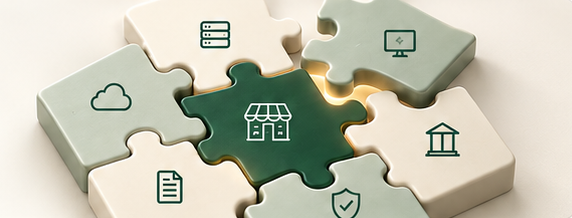 Interlocking sage, ivory and forest-green puzzle pieces representing connected payment tools around a business.