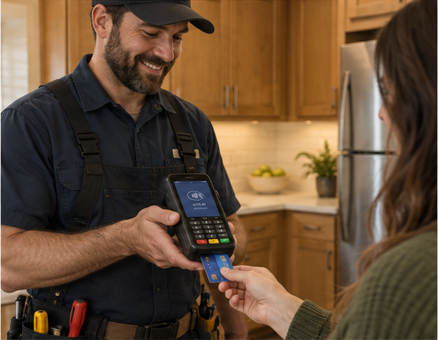 A technician handing a customer a card to insert into a wireless terminal.