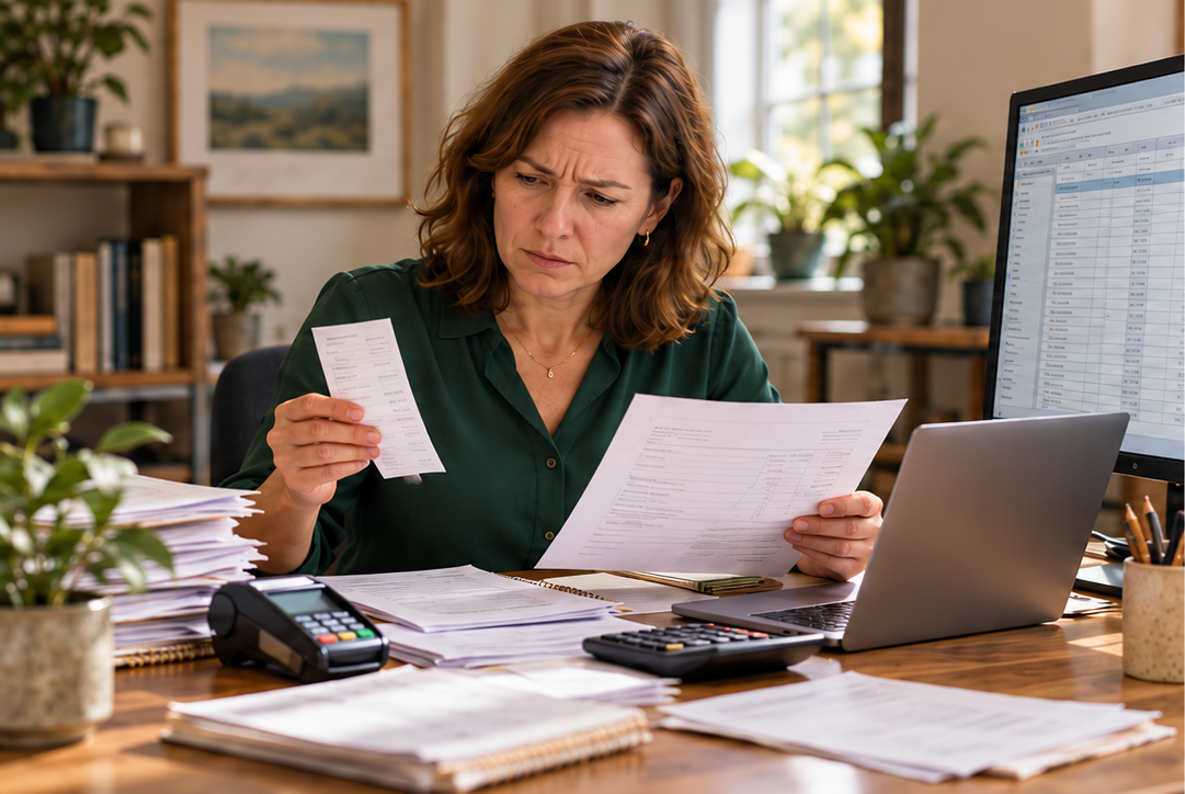 A professional searches through paper invoices and receipts beside a spreadsheet, laptop, and payment terminal.