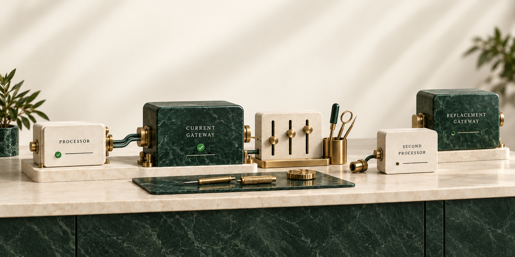 Editorial illustration of a conceptual software workbench on a cream countertop: a processor block connected to the current gateway, a brass tuning panel, a second processor block and a replacement gateway standing ready on a marble base