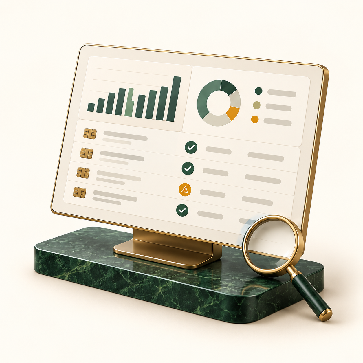 Editorial illustration of payment reporting: a cream and brass screen on a green marble base shows bar charts, a donut chart and card transaction rows with approval and warning status, with a magnifier alongside