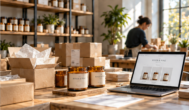 Illustrative online candle operation: jars, shipping boxes and packing materials beside a laptop showing a candle storefront, with a merchant preparing orders in the background.